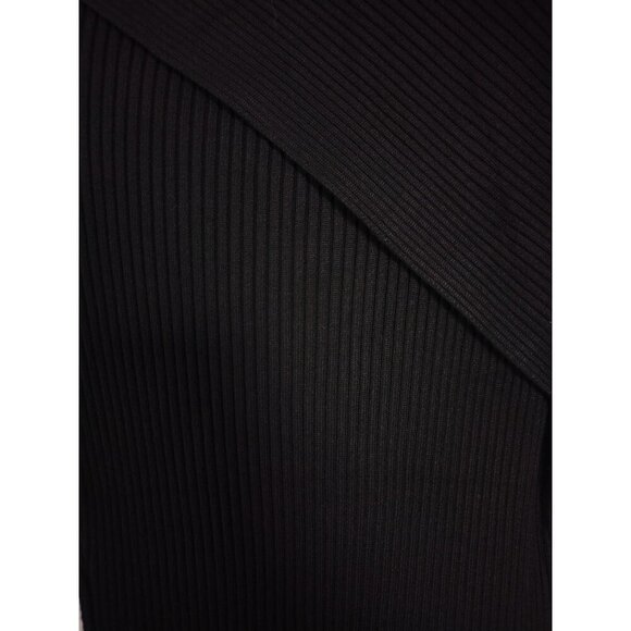 Elegant Black Ribbed Knit Dress With Asymmetrical Neckline, Long Sleeves, Size S - Picture 5 of 10